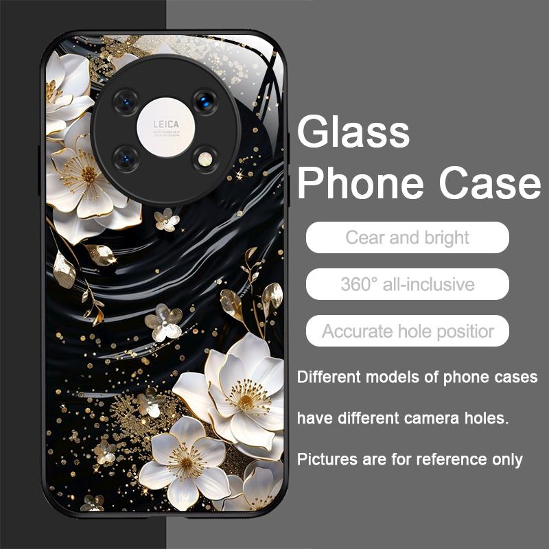 Vintage Floral Stylish Lotus Flower Tempered Glass Phone Case for Huawei Nova 13 12 SE 11 10 Pro Mate 40 30 P60 P50 P40 5G Cover