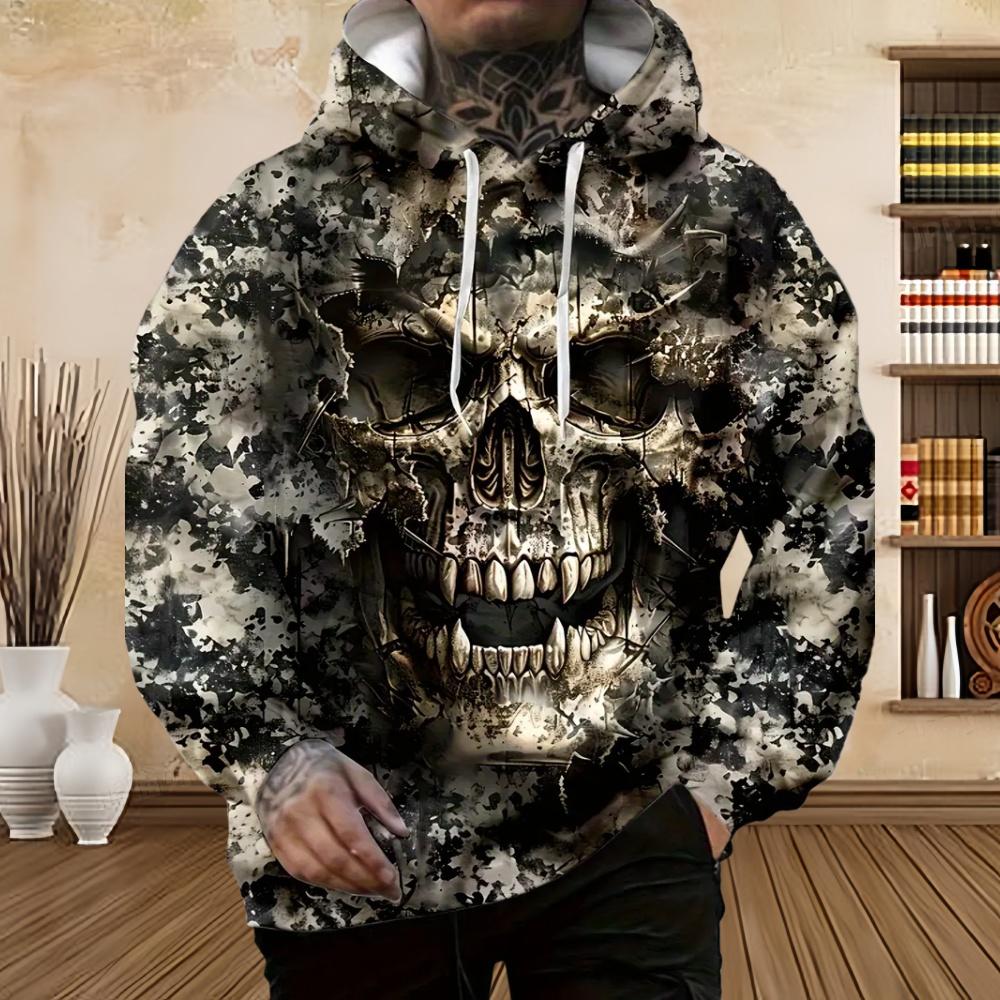 Man Hoodie Vintage Skull Print Comfortable Pullover Long Sleeve Men's Sweatshirt Tops Autumn Winter Casual Sports Men Clothing