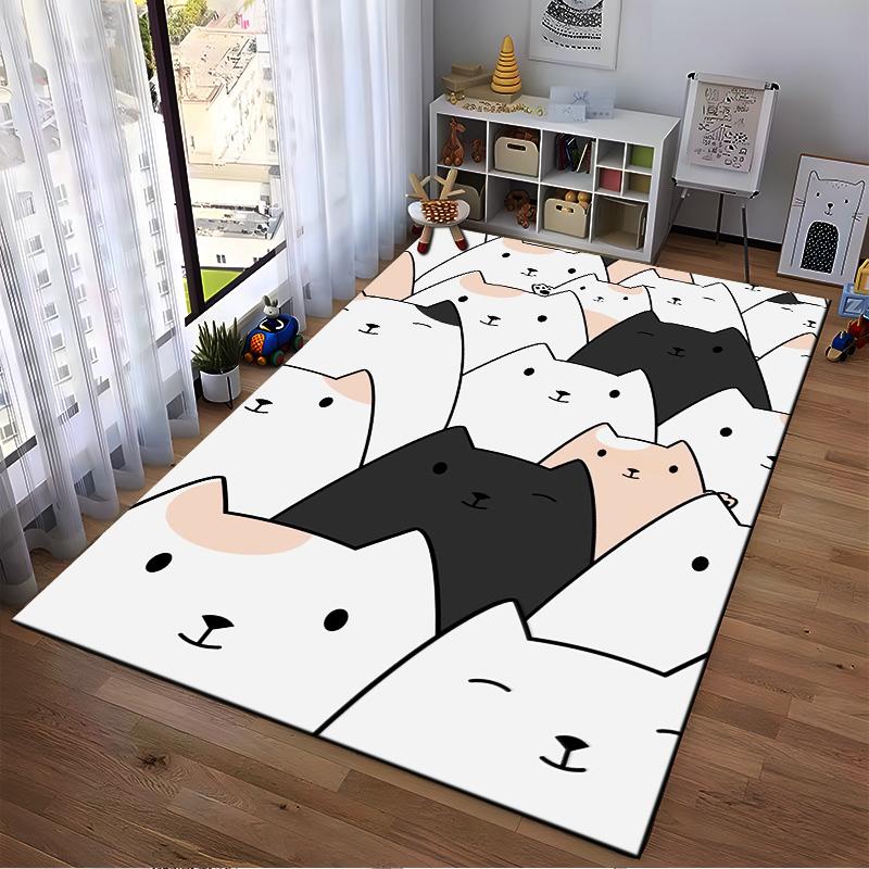 Niedlicher Cartoon-Katzenmuster-Teppich mit Weiß1Schwarz1und Beige Katzen Design Geeignet für die Verwendung als Anti-Rutsch-Matte für Wohnzimmer und Schlafzimmer Sofas