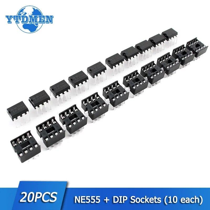 

20PCS Генераторний чіп для програмування таймера NE555 NE555P IC 555 і комплект 8-контактних розеток DIP (10 кожен)