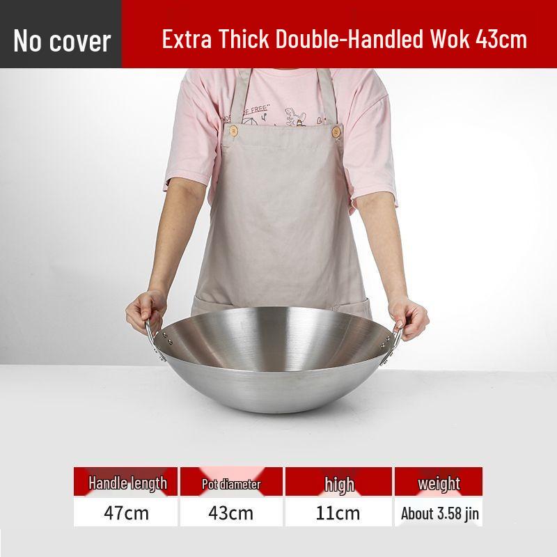 Extra Thick Stainless Steel Double Ear Wok - Large Round Bottom Pot for Commercial Kitchens, Gas Stove Compatible