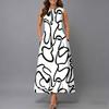 Plus Size Women Sleeveless Round Neck Dress Vivid Tropical Plant Printed Flowy Mid Calf Gown