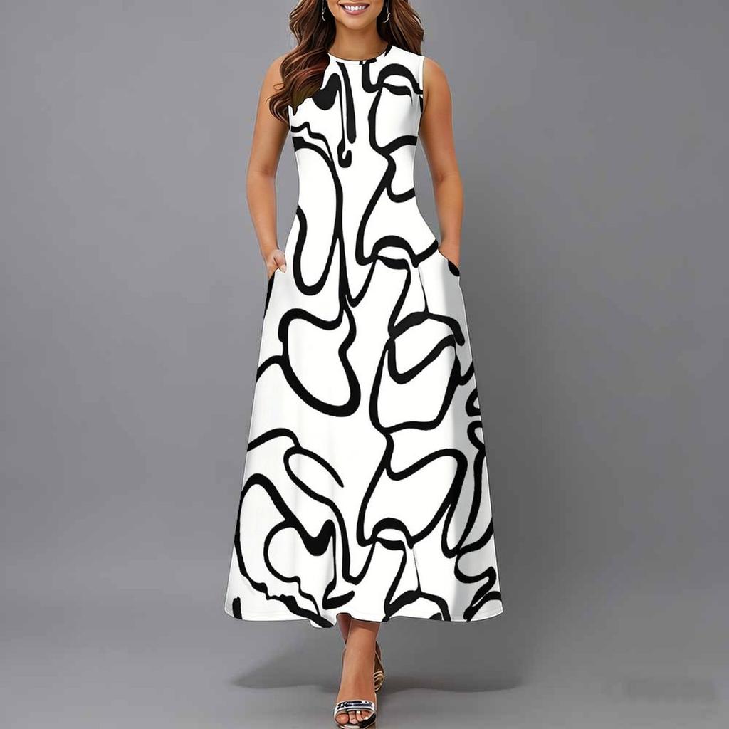 Plus Size Women Sleeveless Round Neck Dress Vivid Tropical Plant Printed Flowy Mid Calf Gown