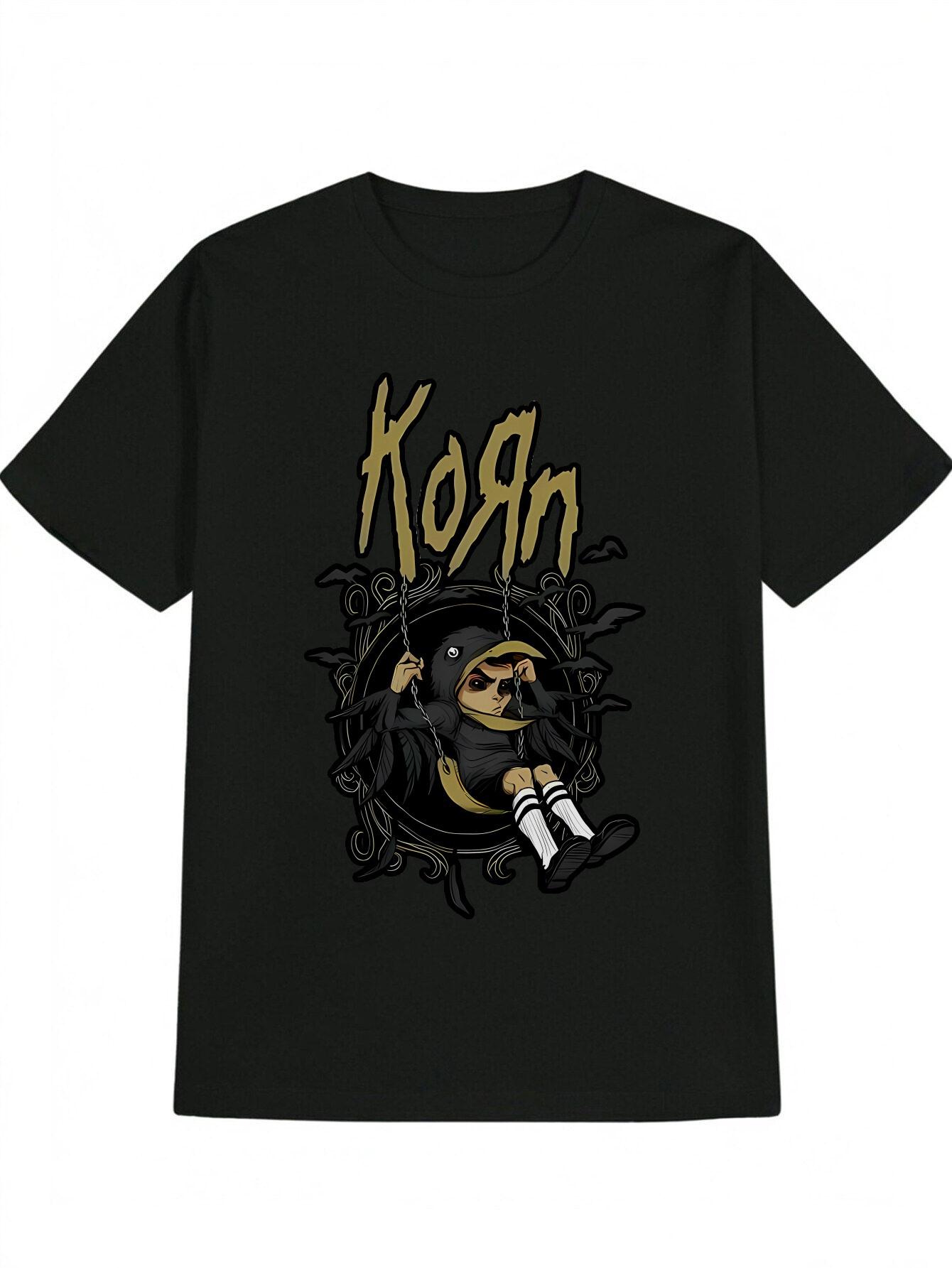 Casual Short Sleeve T-shirt with Cartoon Character & KORN Graphic Print - Black Round Neck Summer Tee XL