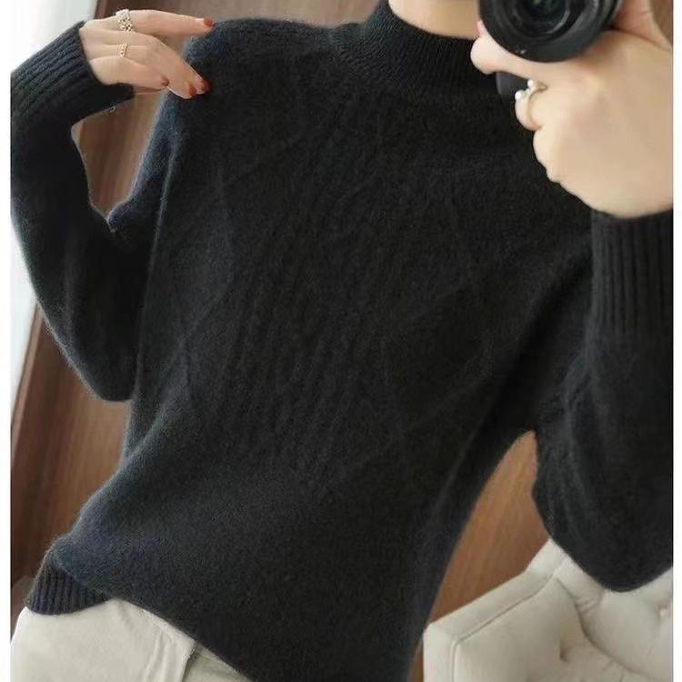 Half Turtleneck Sweater for Women Solid Color Casual Warm Knitted Sweater Thickened Loose Long-sleeved Pullover Autumn and Winter