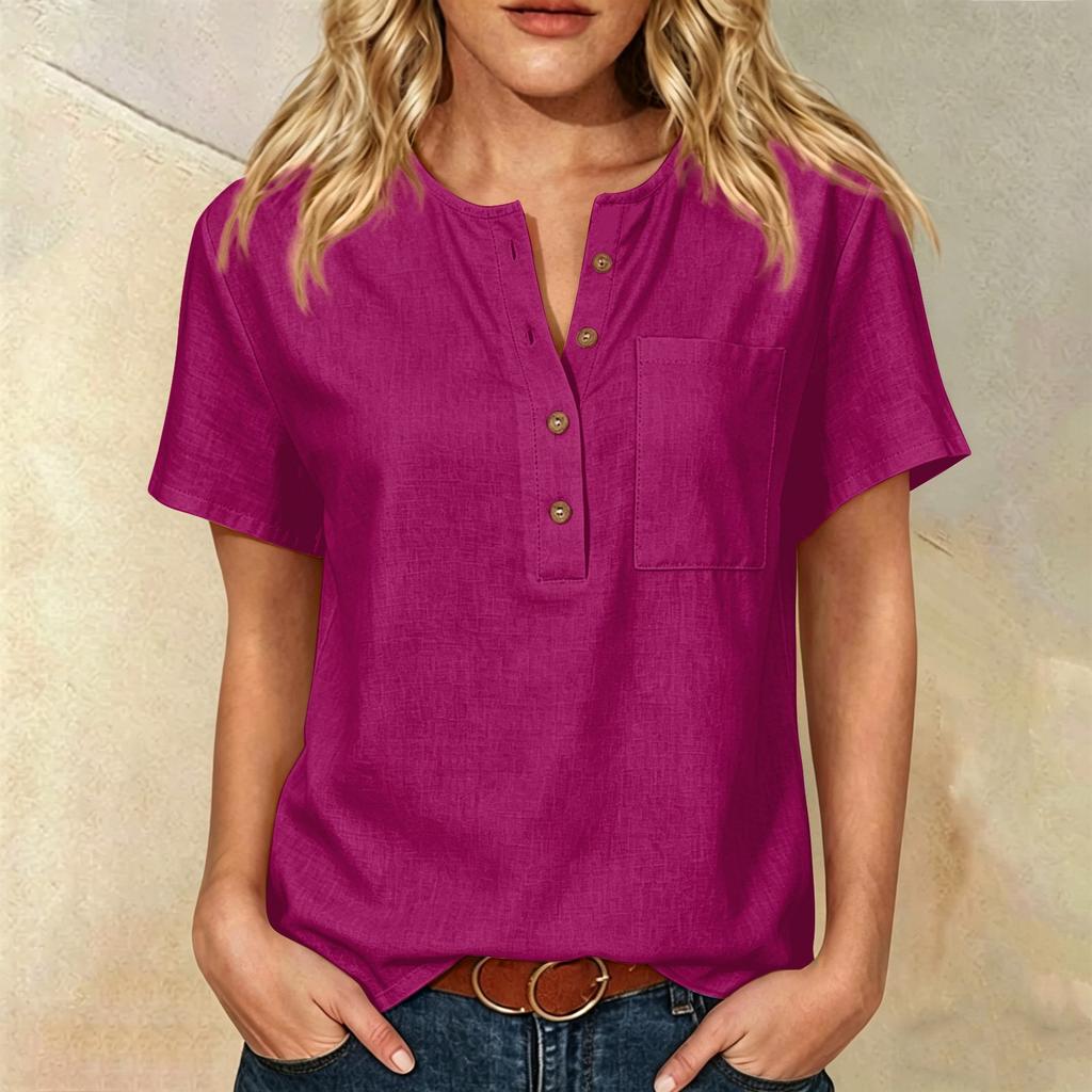 Women Short Sleeve Henley Neck Button Down Linen Cotton Shirt with Chest Pocket Relaxed Fit Casual Top Blouse for Daily Wear