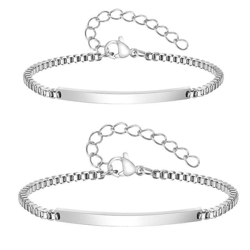 

2pcs set Stainless Steel Box Chain ID Bar Couple Bracelet Custom Engraved Nameplate Jewelry for Women Men Anniversary Gift