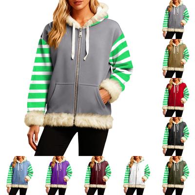 Women's Comfortable Loose Fashion Casual Striped Print Long Sleeve Pockets Hooded Sweatshirt Jacket