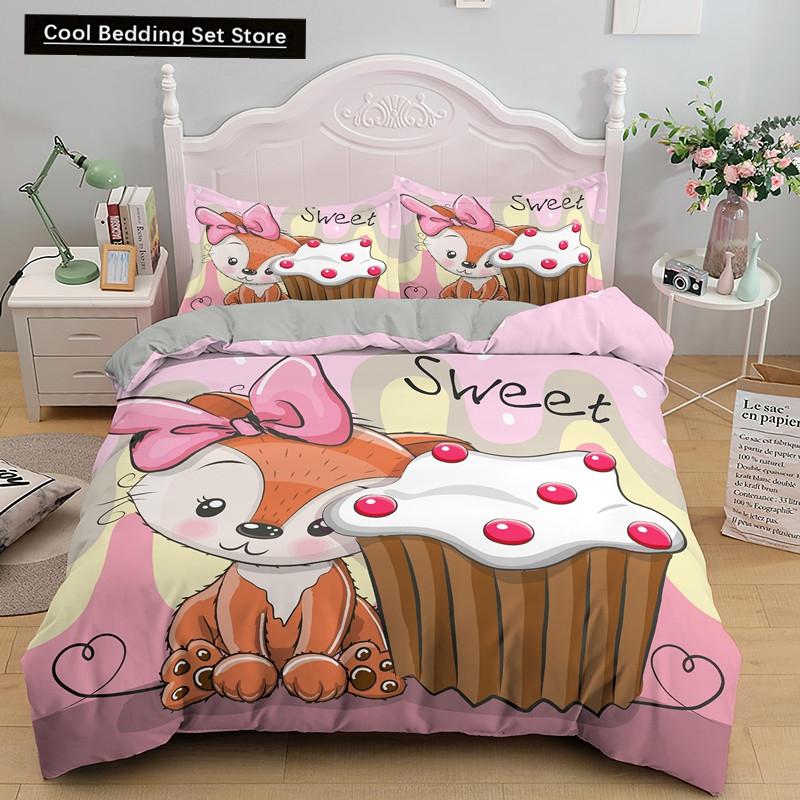 Pink Cartoon Animal King Queen Duvet Cover Kawaii Panda Pattern Bedding Set for Kids Girls Wildlife 2/3pcs Polyester Quilt Cover