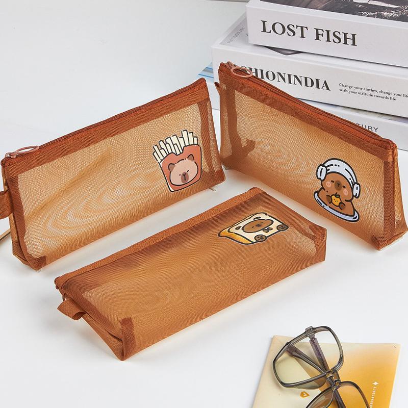 Capybara Mesh Pencil Bag Large Capacity Storage Bag Cartoon Design Simple Transparent Stationery Storage Bag