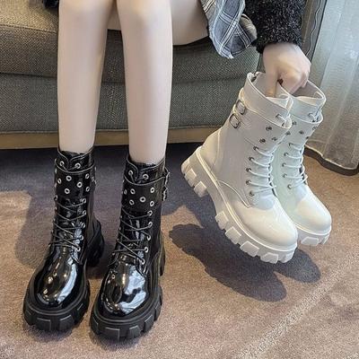 Fashion Women's Platform Patent Leather Boots Zipper Calf Short Leg Knight Boot Women Waterproof Round Toed Thick-soled Boot Botas Mujer