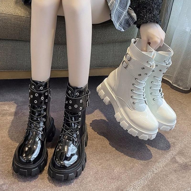 Fashion Women's Platform Patent Leather Boots Zipper Calf Short Leg Knight Boot Women Waterproof Round Toed Thick-soled Boot Botas Mujer