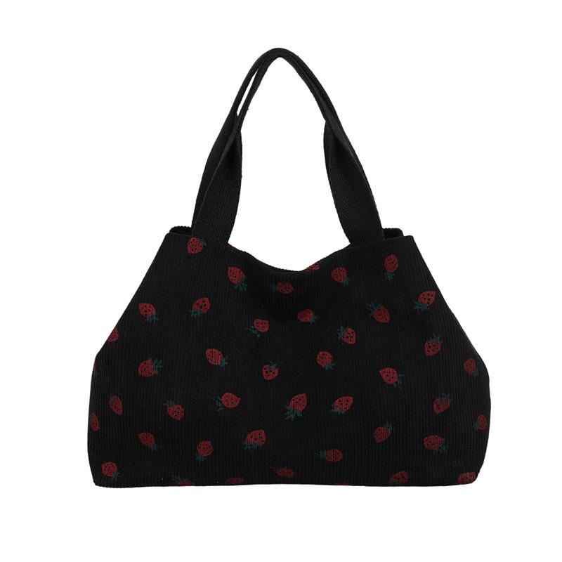 Korean New Strawberry Printed Corduroy Shoulder Bag Small Fresh Literary Tote Bag Girl Travel Shoulder Backpack
