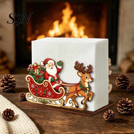 Holiday Party Supplies Christmas Wooden Tissue Holder, Napkin Dispenser with Santa Gingerbread House Elk Table Decor Pattern, Decorative Organizer for
