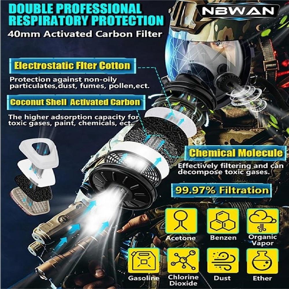 Gasmasken Überleben Nuklear und Chemisch,Gasmaske mit 40mm Aktivkohlefilter,Vollgesichts-Atemschutzmaske mit 6001 Filter