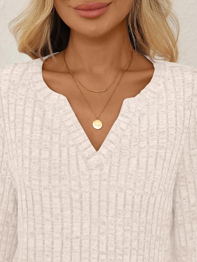 2025 Women's V-neck Ribbed Long-Sleeve T-shirt - Solid Color, Warm, Brushed Finish