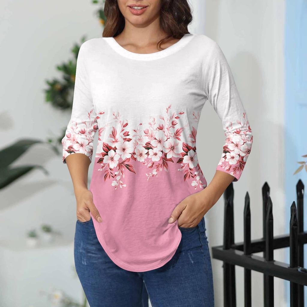 Womens T Shirts 3/4 Sleeve Shirts Solid Color Pullover Summer Spring Tops Blouses