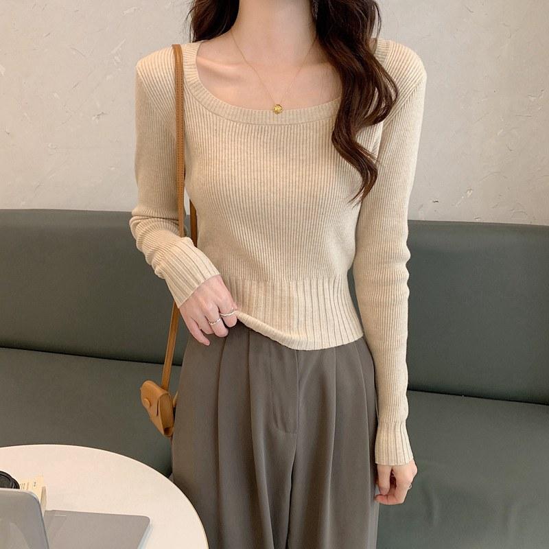 Dámské jaro podzim čtvercový límec dlouhý rukáv jednobarevné tenké svrchní oblečení krátký pletený svetr