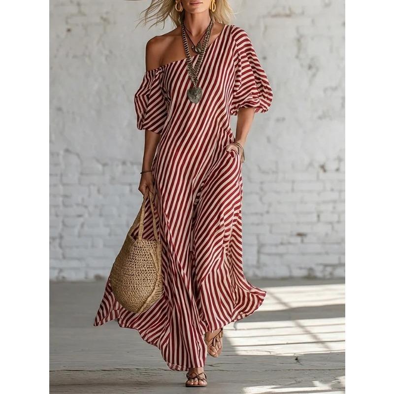 Sommer Neu Damen Elegant Gestreift Mode Vielseitig Lässig Schulterfreies Kleid