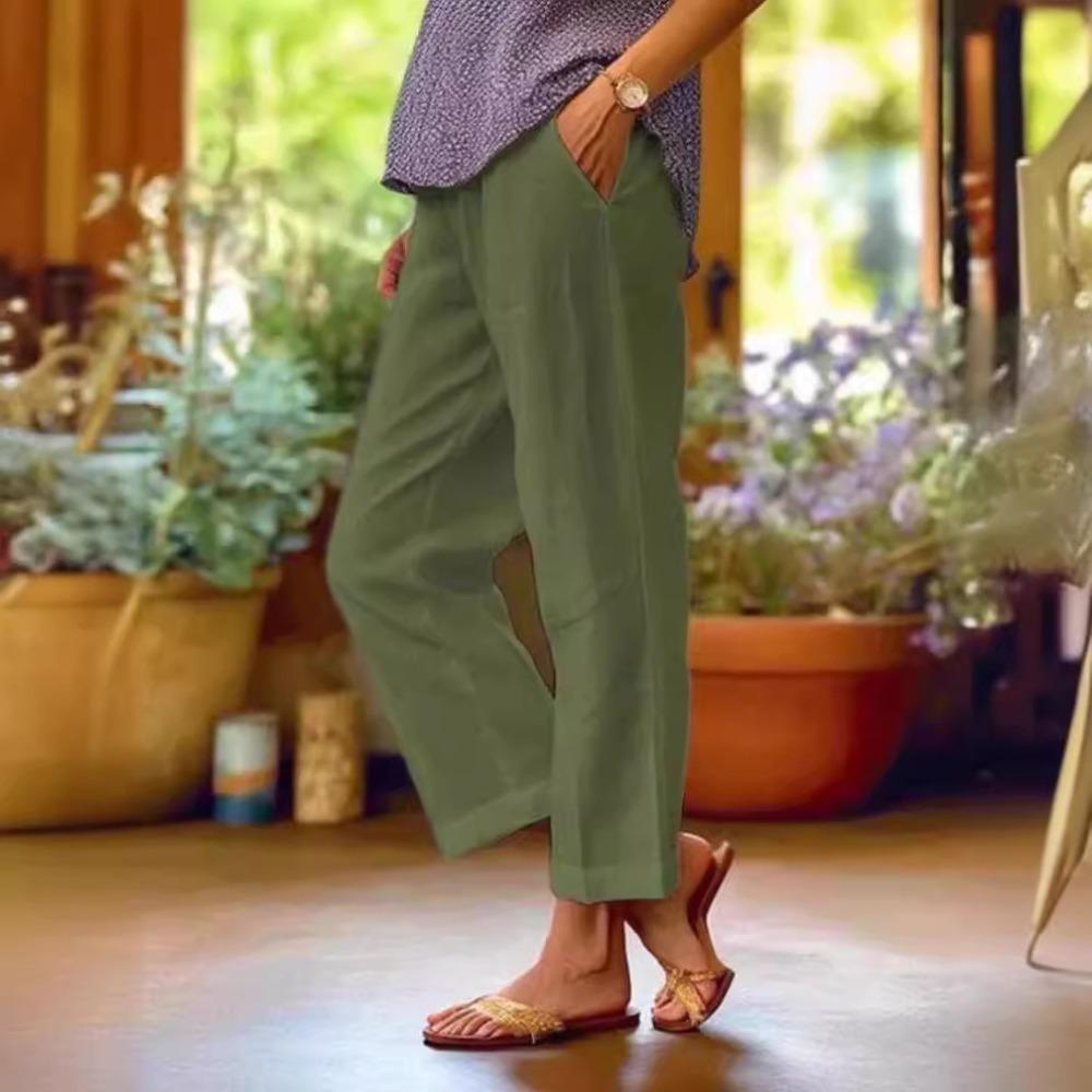 Spring Summer New Women Solid Cotton Linen Wide Leg Pants, Elastic Waist Loose Casual Trousers, Breathable Daily Fashion Bottoms