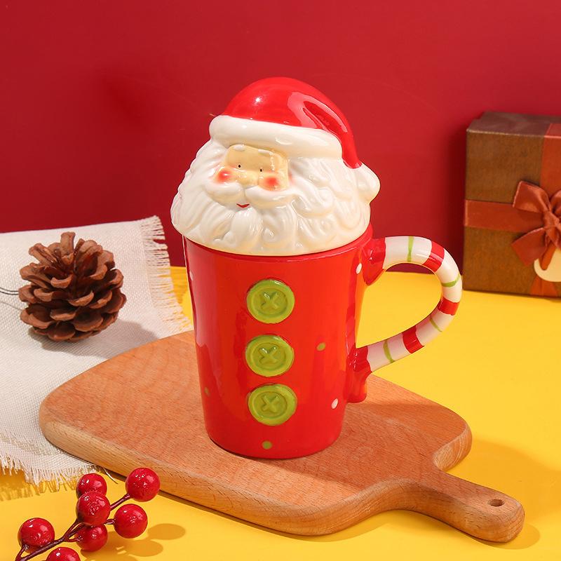 Hrnek na kávu Santa Claus s víčkem Roztomilý keramický vánoční pohár na vodu Jemný Domácí Kancelář Snídaně Ovesná kaše Mléčný hrnek Kreslený Dárek Nový