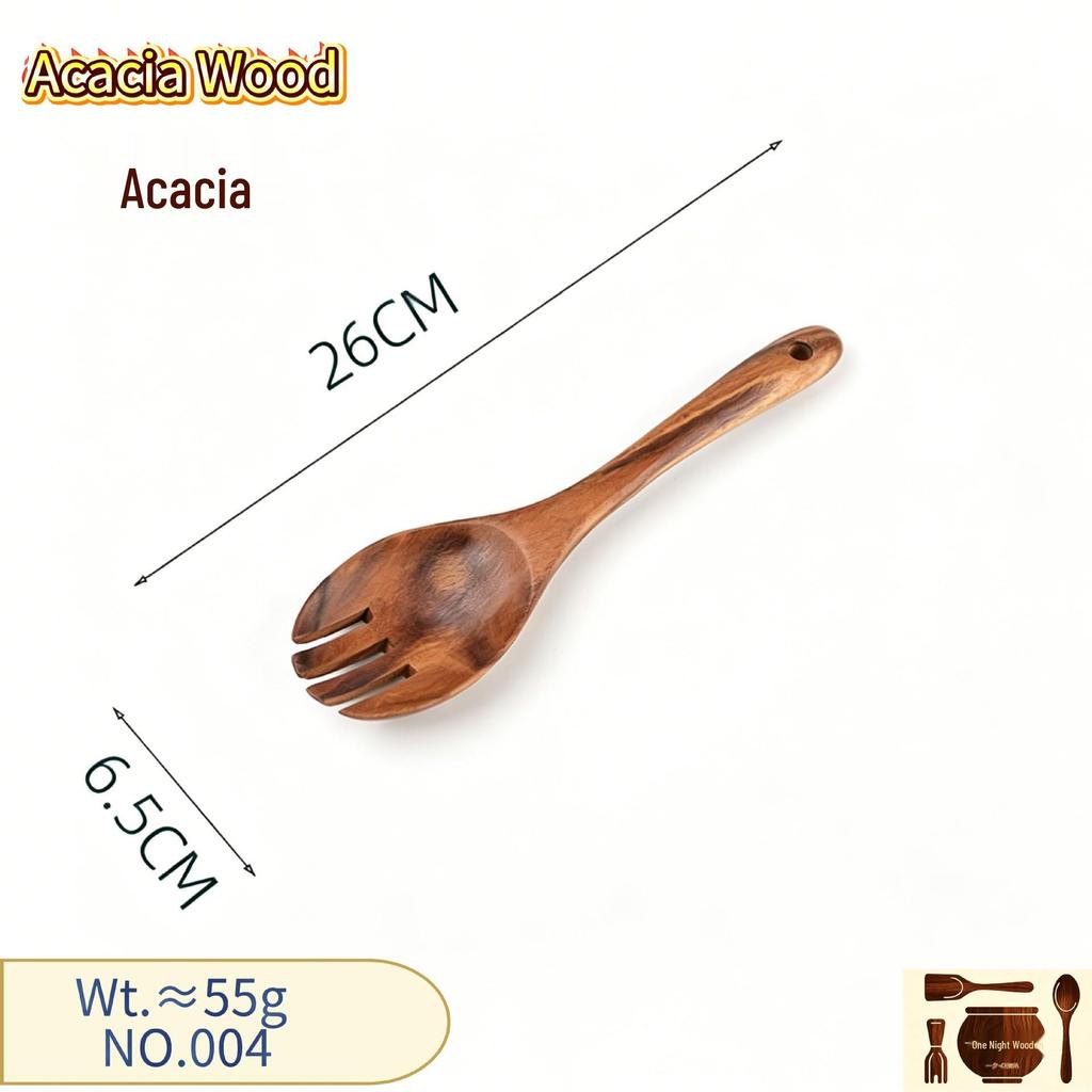 Conjunto de Espátula e Colher de Madeira de Acácia - Colher de Teca Antiaderente e Escorredor de Macarrão