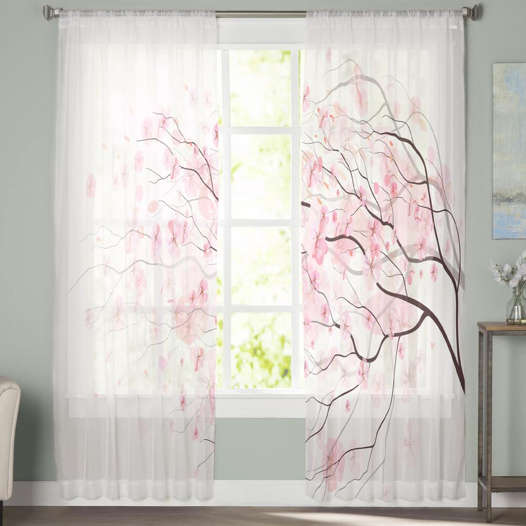 Cherry Blossoms Tree Branches Pink White Chiffon Sheer Curtains for Living Room Bedroom Decoration Window Voiles Tulle Curtain