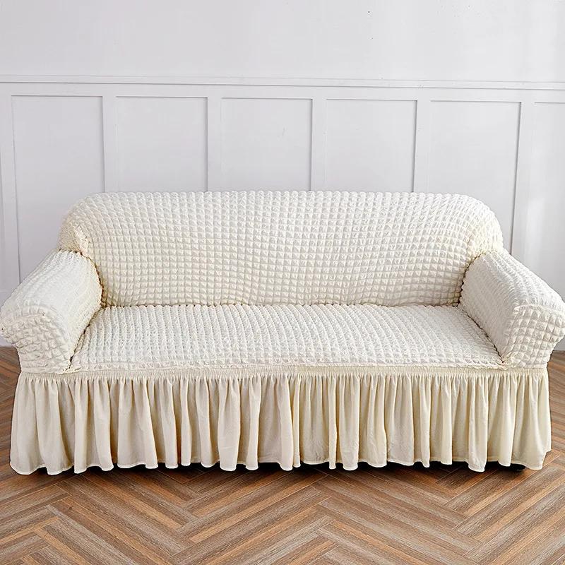 Bubble Gauze Sofa Cover with Skirt Hem All Inclusive Elastic Dust Cover for Living Room Anti Slip Furniture Protection Slipcover