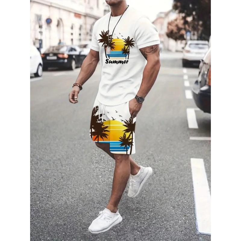 Summer Men's Casual Short Sleeve Suit Retro Palm Print Casual Holiday Fashion Street Wear Short Sleeve Shorts 2 Pieces