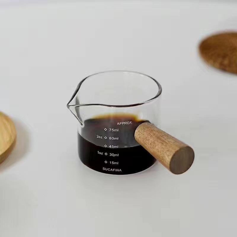 Small Milk Jug with Wooden Handle - Espresso Measuring Cup for Home