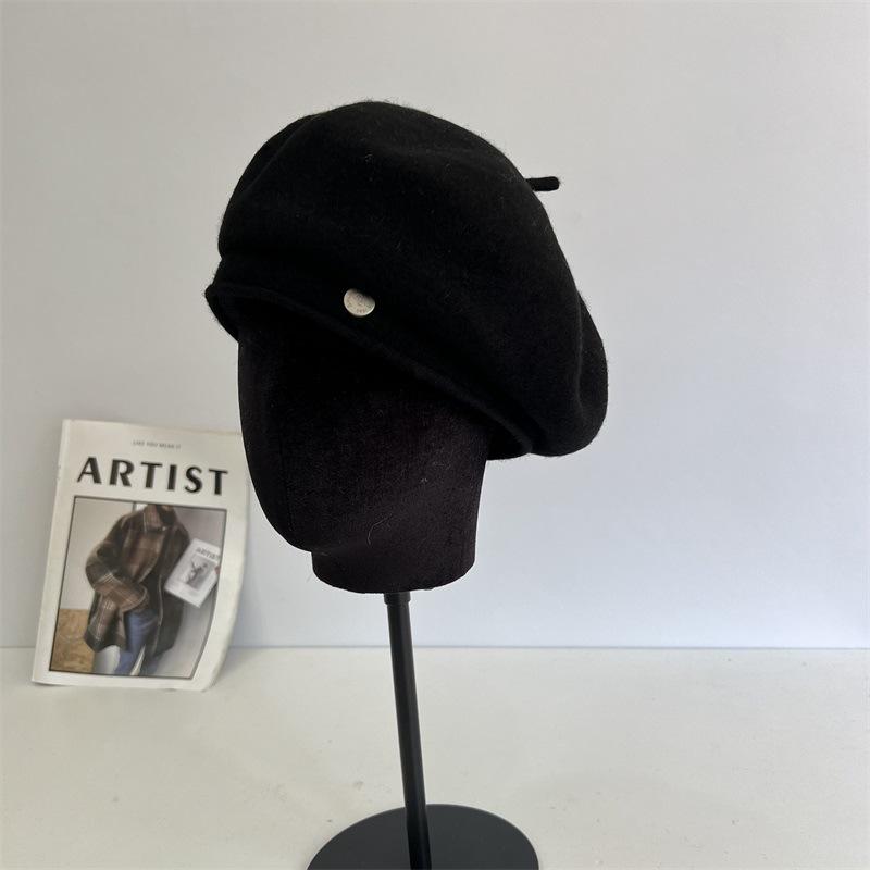 

Высококачественный берет женский новый зимний для маленького лица шерстяная шляпа-бутон темпераментная шляпа художника M（56-58cm） чёрный