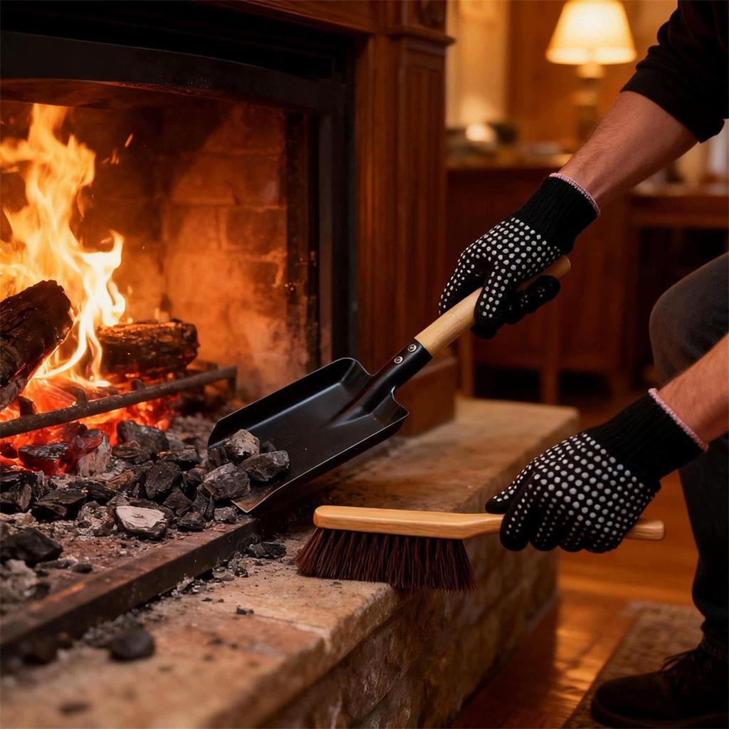 Ash Bucket with Lid,with Spade and Hand Broom,Essential,Fireplace Tools,Ash Pail,Metal,for Indoor