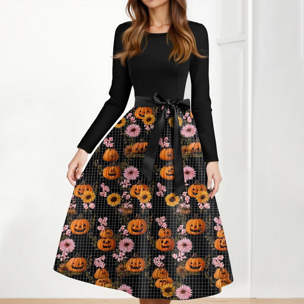 Women's Casual Fashion Halloween Printed Round Neck Vintage Dress