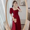 Hepburn Style Fat Mm Bubble Sleeve Dress Women's Summer Dress New Square Collar Waist Thin Large Size Temperament Knee Long Dress