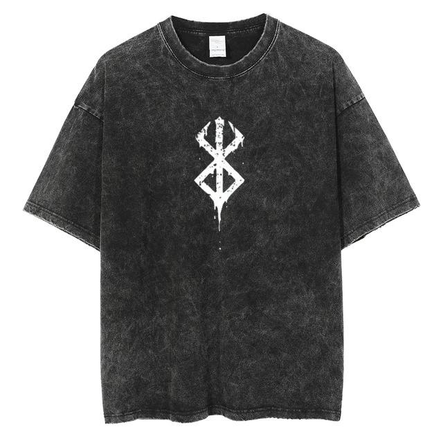 T-Shirt Washed Berserk Anime Cotton Retro Logo Flower T-Shirt Men S Harajuku Men S Graphic Women S Print T-Shirt T-Shirt Manga S