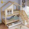 Bunk Bed, Children's Bed, Two Drawers with Rollers, Exquisite Windows, Safety Ladder with Handrails, Pine + MDF, White+Natural, 90x200cm