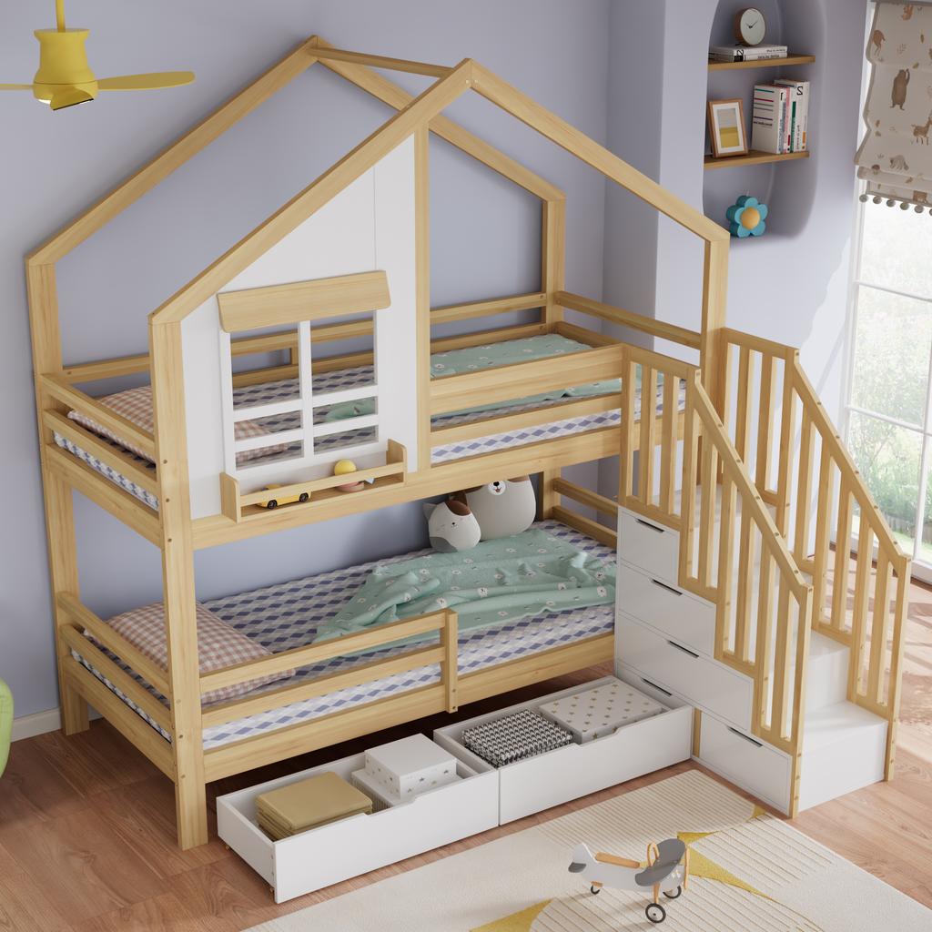 Bunk Bed, Children's Bed, Two Drawers with Rollers, Exquisite Windows, Safety Ladder with Handrails, Pine + MDF, White+Natural, 90x200cm