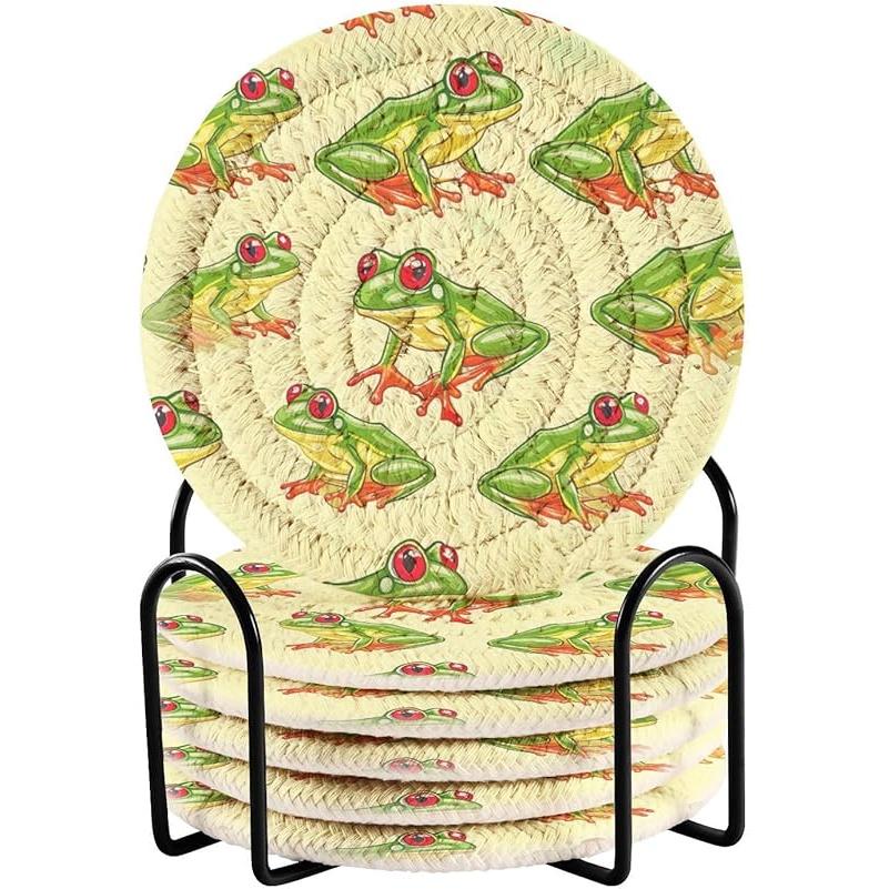 Dinosaur Cotton Cup Coasters with Holder Absorbent Drink Coasters Set for CoffeeTabletop Protection Housewarming Gift Home Decor 6 Pcs