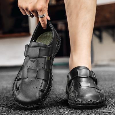 Neue Sommer-Slipper aus Leder Atmungsaktive Herrensandalen Langlebige Handgefertigte Nähte Strand-Flats Rutschfeste Outdoor-Herren-Slipper