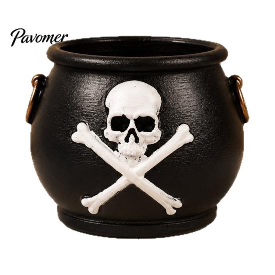 Black Magic Pot Witches Cauldron Planter, Halloween Skull Flower Pot, Gothic Resin Moss Micro Landscape Container Candy Bowl for Herbs, Indoor,