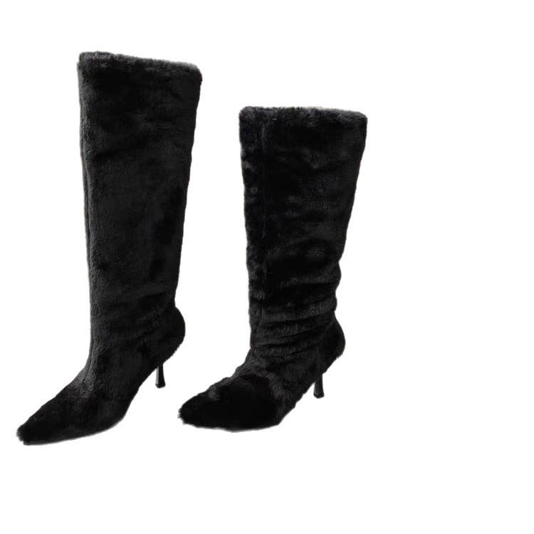 Niche slope heel pointed hair new shoes long boots long boots women's 2025 new winter pointed sleeve knight boots