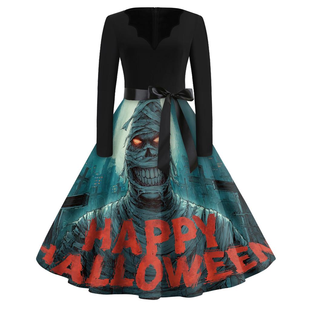 Women's Vintage V-Neck Dress with Halloween Print for Casual Fall Outings
