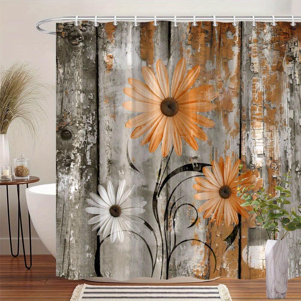 Orange Daisies Shower Curtain - Weathered Wood Background, Vintage Floral Style, Polyester, Machine Washable