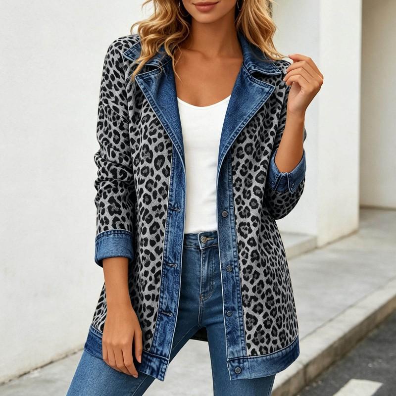 Damen Leopardenmuster Denimjacke Langarm Lockerer Schnitt Lässig Offene Vorderseite Hemdkragen Streetwear Mantel