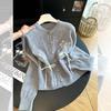 Women's Blue Floral Knit Cardigan - Round Neck, Bow Tie, Lace-Up Details, Elegant Early Autumn Style