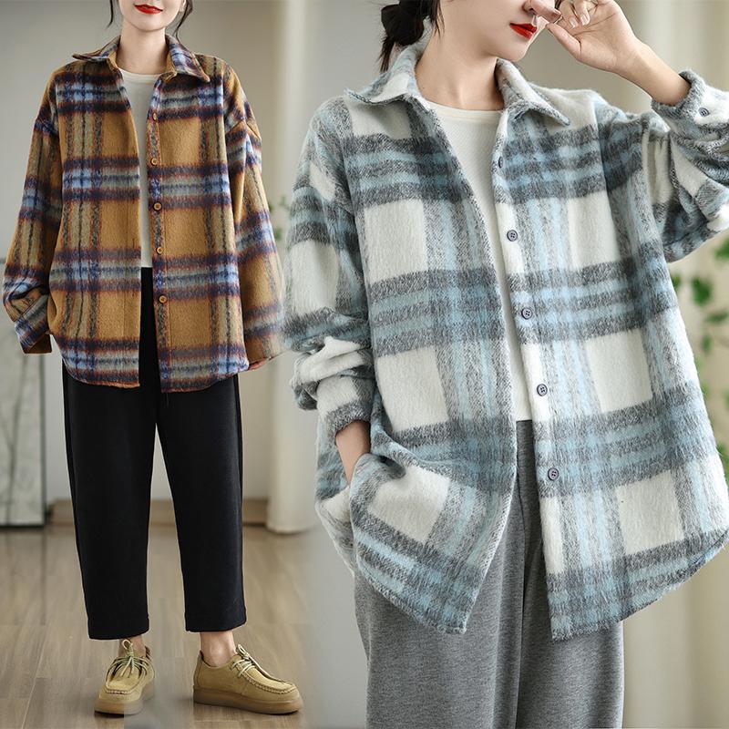 DIMANAF 2025 New Autumn Winter Plus Size Women Coats Jackets Loose Casual Outerwear Vintage Lady Plaid Cotton Thick Long Sleeve