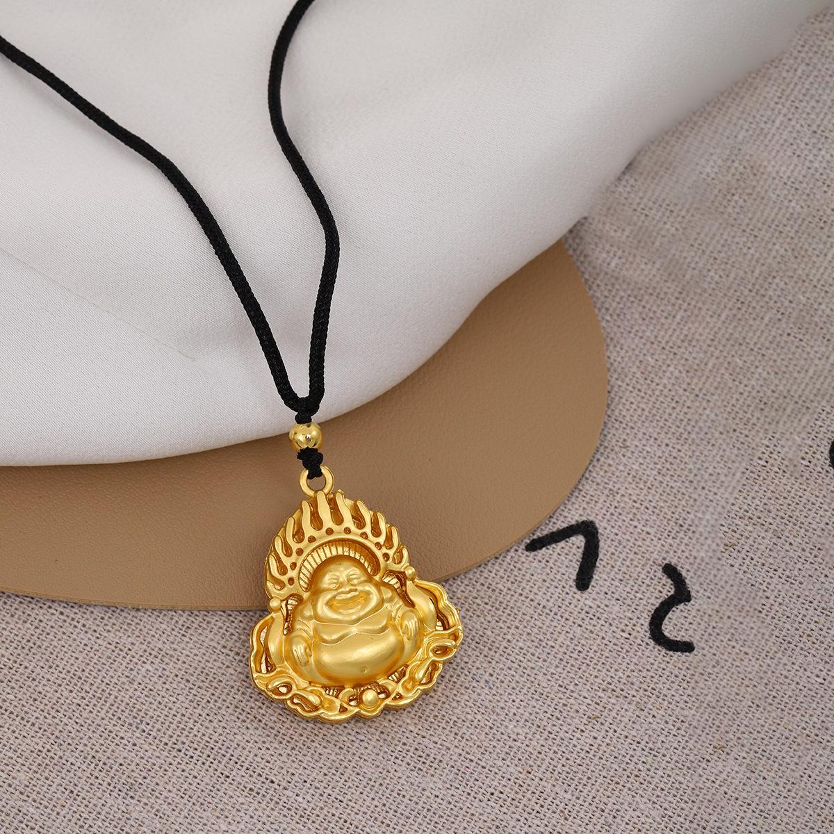 Ancient Method Inheritance Flame Buddha Head Small Fat Blessing Pendant Necklace, Guochao Imitation Vietnamese Sand Gold Enamel Ethnic Style Necklace
