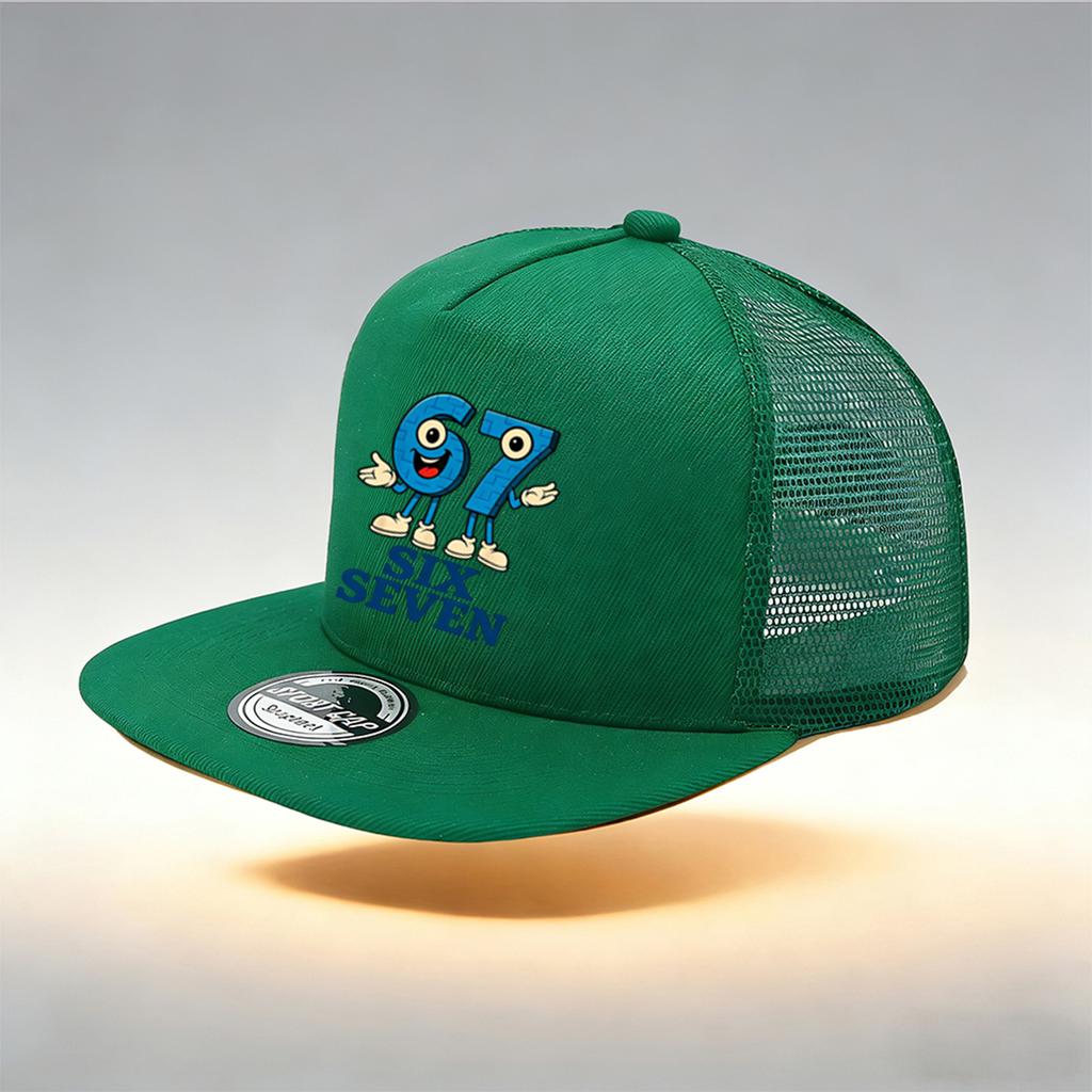 1/2PC Y2K 67 Flat Brim Trucker Hat, Cartoon SIX SEVEN Print, Breathable Mesh, Sweet Aesthetic Cap