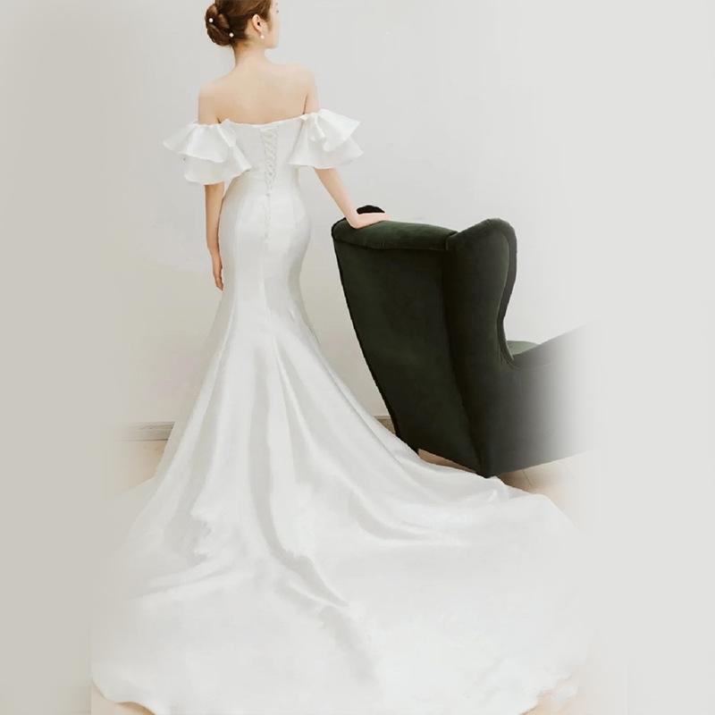 One-word Shoulder Light Wedding Dress 1011 New French Satin Fishtail Slim-fitting Simple Temperament Going Out Yarn Women's Tube Top Dress