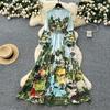 Summer Autumn Women Vintage Print V-neck Full Sleeve Single Breasted Long Maxi Holiday Seaside Dresses